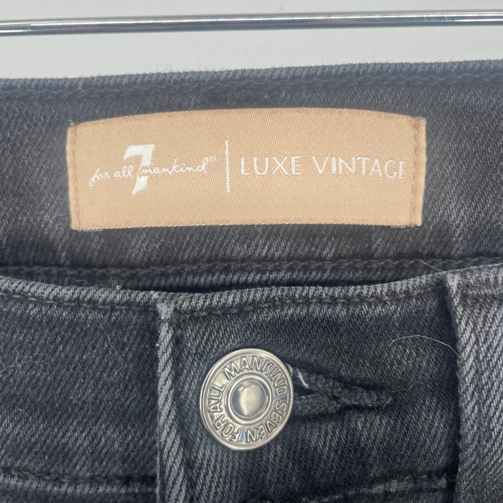 7 For All Mankind Luxe Vintage High Rise Flare Jeans Black Raw Hem Size 25 - Picture 6 of 11